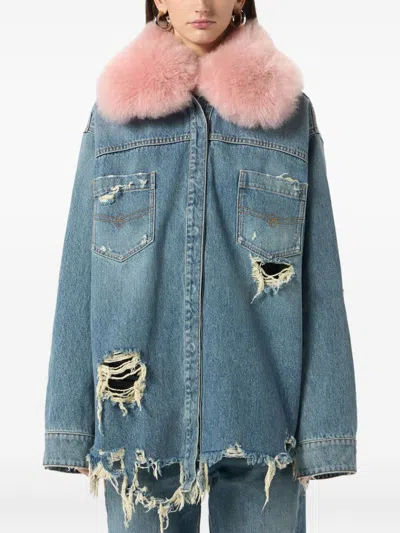 Blumarine Longline Jacket With Distressed Finish And Chest Pockets In Blue