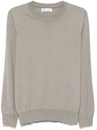 Brunello Cucinelli Lightweight Crew Neck Sweater With Ribbed Cuffs In Gray