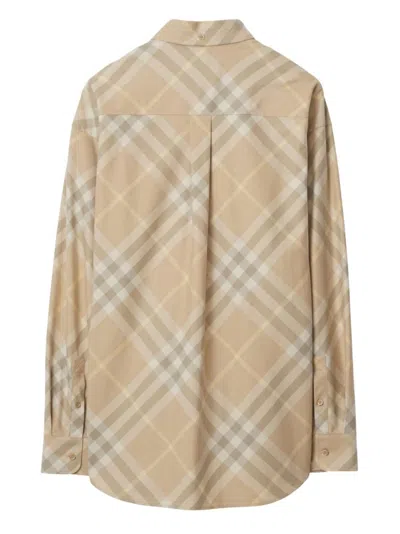 Burberry Men Beige Shirt With Button-down Collar And Check Motif In Cotton Man In Brown