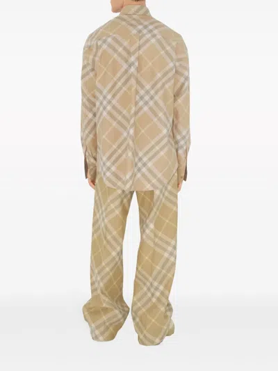 Burberry Men Beige Shirt With Button-down Collar And Check Motif In Cotton Man In Brown