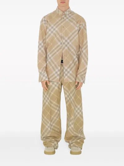 Burberry Men Beige Shirt With Button-down Collar And Check Motif In Cotton Man In Brown
