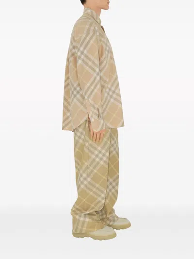Burberry Men Beige Shirt With Button-down Collar And Check Motif In Cotton Man In Brown