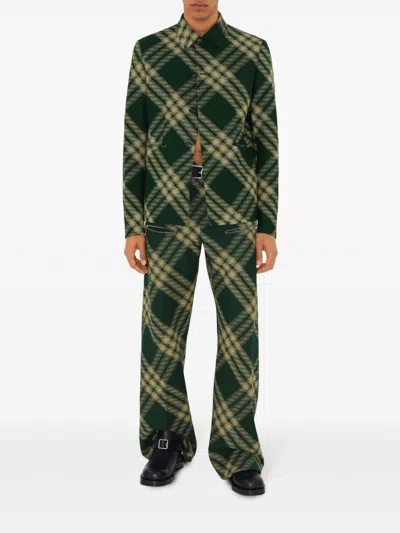 Burberry Checked Wool Twill Straight Pants In Green