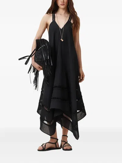 Allsaints Womens Lil Embroidered-trim Asymmetric-hem Cotton Maxi Dress Black In Black