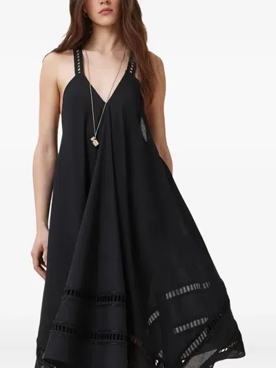 Allsaints Womens Lil Embroidered-trim Asymmetric-hem Cotton Maxi Dress Black In Black