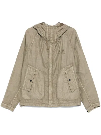 C.p. Company Linen Jacket With Buttoned Hood And Drawstring In White