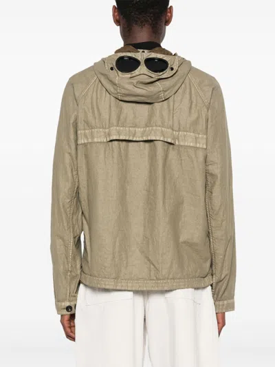 C.p. Company Linen Jacket With Buttoned Hood And Drawstring In White