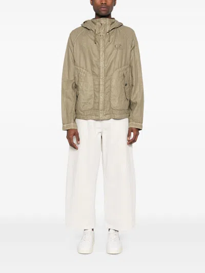 C.p. Company Linen Jacket With Buttoned Hood And Drawstring In White