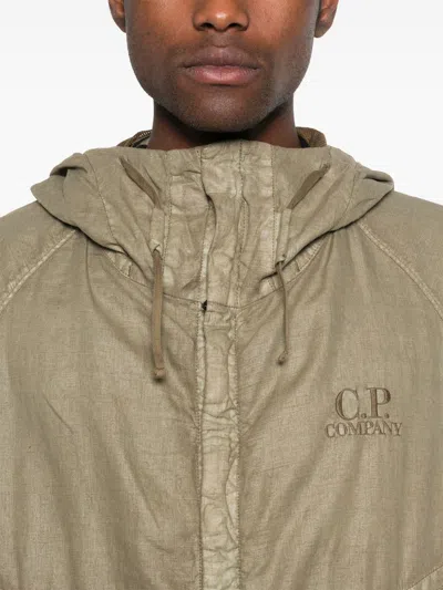 C.p. Company Linen Jacket With Buttoned Hood And Drawstring In White