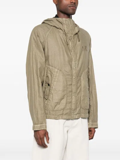 C.p. Company Linen Jacket With Buttoned Hood And Drawstring In White