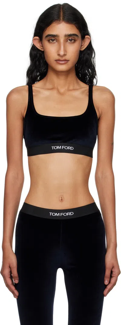 Tom Ford Navy Stretch Lustrous Velour Signature Bralette In Black