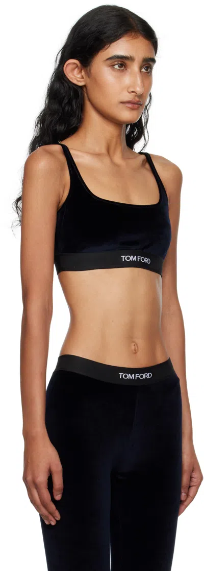 Tom Ford Navy Stretch Lustrous Velour Signature Bralette In Black