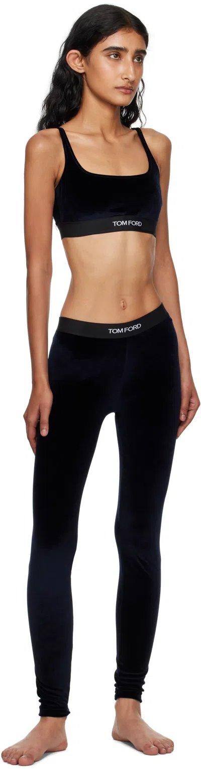 Tom Ford Navy Stretch Lustrous Velour Signature Bralette In Black