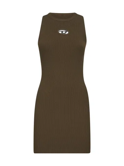 Diesel Green Ribbed Viscose M-caddix Minidress In Brown