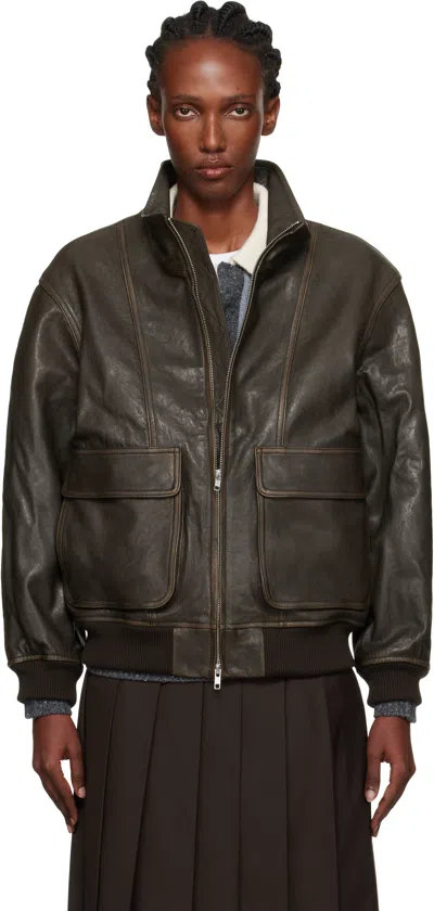 Dunst ブラウン スタンドカラー レザージャケット In Brown