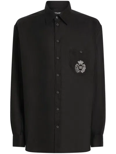 Dolce & Gabbana Linen Shirt With Heraldic Patch In Black