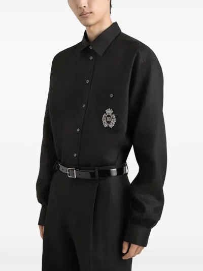 Dolce & Gabbana Linen Shirt With Heraldic Patch In Black