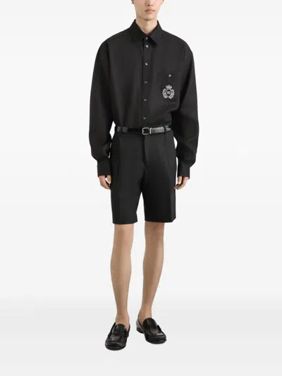 Dolce & Gabbana Linen Shirt With Heraldic Patch In Black