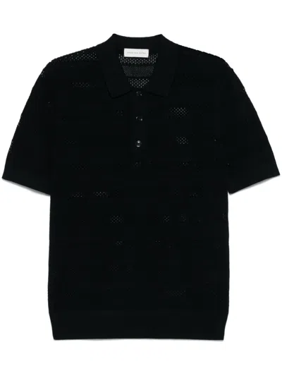 Dries Van Noten Short Sleeve Black Polo In Striped Mesh Knit In Black
