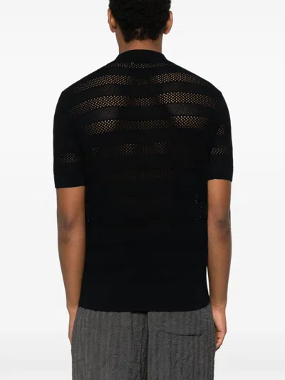 Dries Van Noten Short Sleeve Black Polo In Striped Mesh Knit In Black