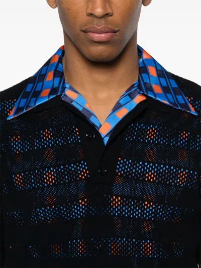 Dries Van Noten Short Sleeve Black Polo In Striped Mesh Knit In Black