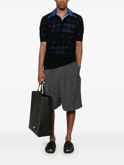 Dries Van Noten Short Sleeve Black Polo In Striped Mesh Knit In Black