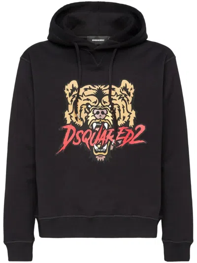 Dsquared2 Black Hoodie With Drawstring Hood And Maxi Logo Print On The Front In Black