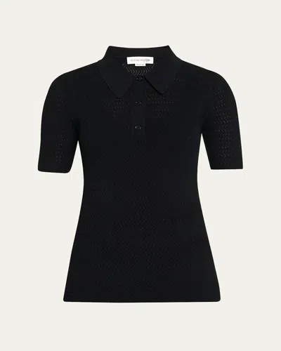 Victoria Beckham Pointelle Chevron Knit Polo Top In Black