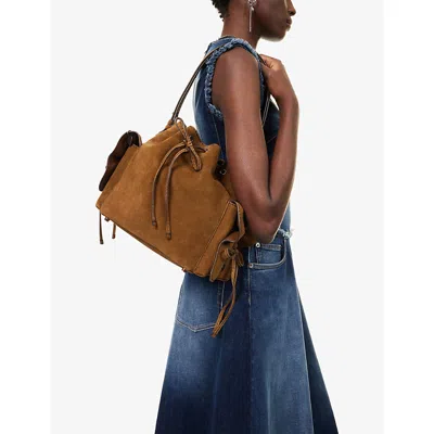 Acne Studios Womens Cognac Brown Multi-pocket Mini Suede Bucket Bag In Brown