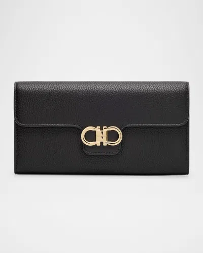 Ferragamo Double Gancio Grain Leather Clutch Bag In Black