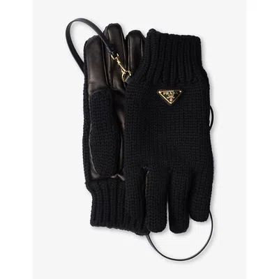 Prada Womens Black Triangle-logo Wool And Nappa Leather Gloves In Black