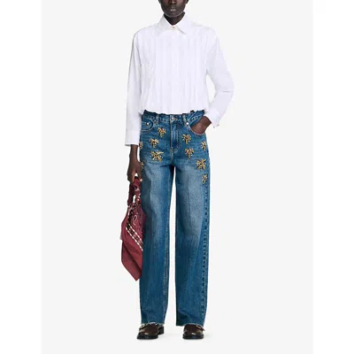 Sandro Womens White Pleated Cropped Cotton Shirt