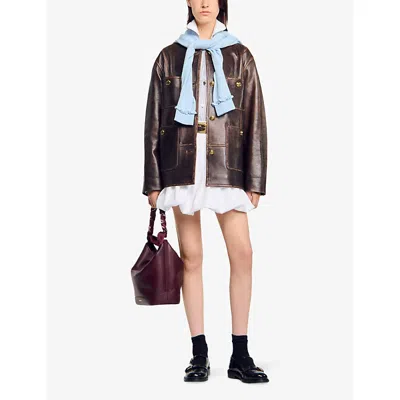 Sandro Womens Black Brown Distressed Button-embellished Leather Jacket In Multi