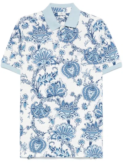 Etro Floral Pattern Polo Shirt With Contrasting Collar In Blue