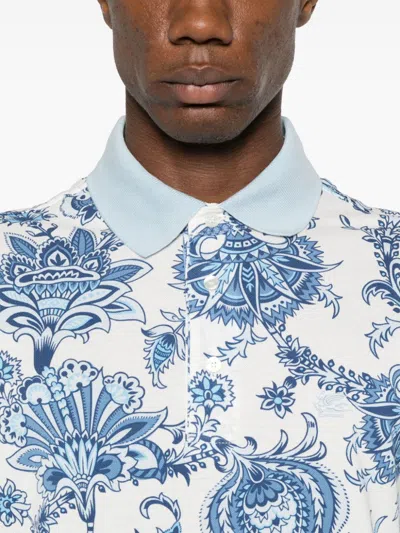 Etro Floral Pattern Polo Shirt With Contrasting Collar In Blue