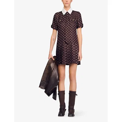 Sandro Printed Satin-effect Short Dress In Brown