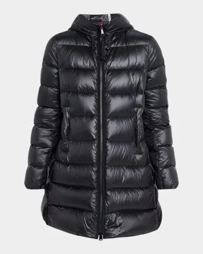 Moncler Suyenne Hooded Mid-length Down Jacket In Black