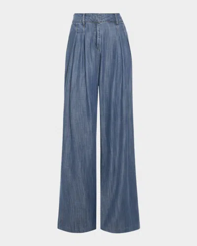 Ramy Brook Chambray Pleated Chambray Wide-leg Trousers In Blue