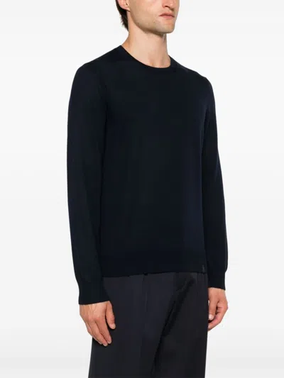 Fay Ribbed Knit Crewneck Sweater With Straight Hem In Blue