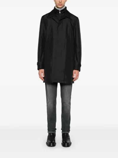 Fay Layered Long Sleeve Buttoned Waterproof Coat In Black