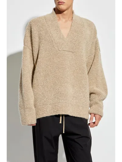 Fear Of God Textured V-neck Sweater With Ribbed Accents In Brown