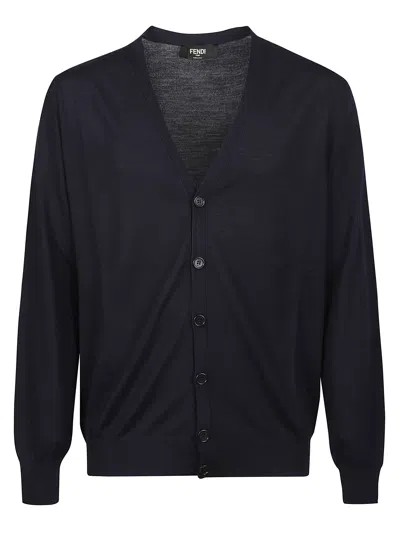 Fendi Wool Cardigan With V-neckline And Ribbed Finish In Blue