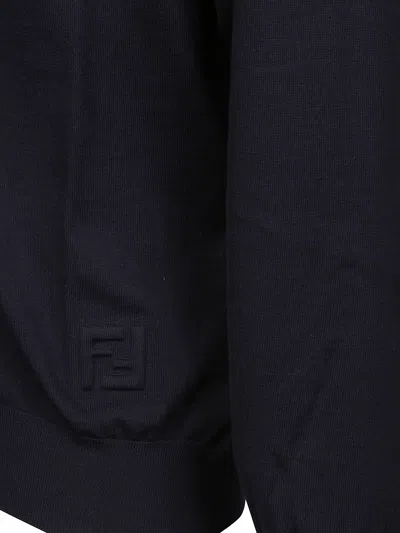 Fendi Wool Cardigan With V-neckline And Ribbed Finish In Blue
