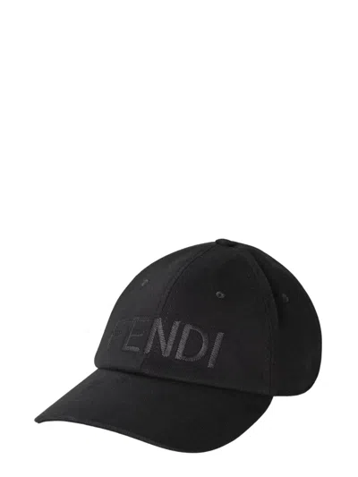 Fendi Men Wool Blend Baseball Hat With Logo Embroidery In Black
