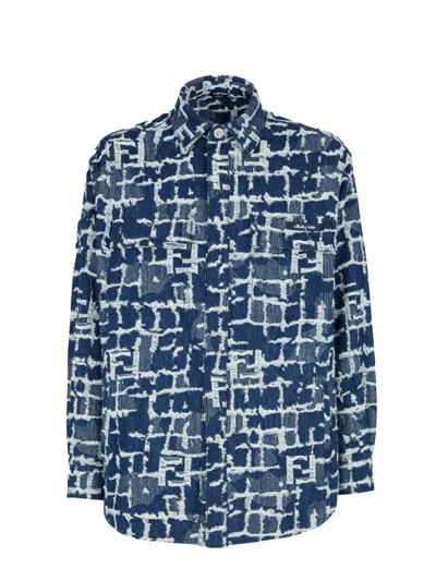 Fendi Ff-pattern Denim Shirt Jacket In Blue
