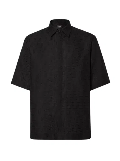 Fendi Men Black Oversize Shirt With Short Wide Sleeves And All-over Ff Embroidery In Linen Blend Man In Black
