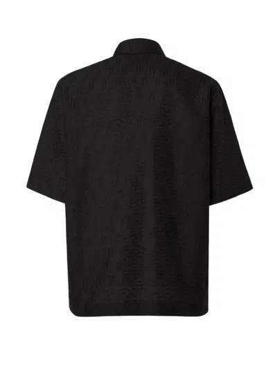 Fendi Men Black Oversize Shirt With Short Wide Sleeves And All-over Ff Embroidery In Linen Blend Man In Black