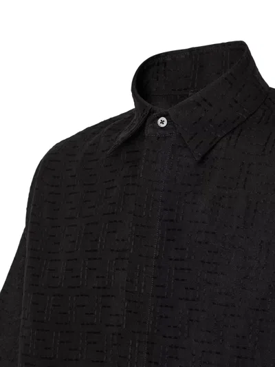 Fendi Men Black Oversize Shirt With Short Wide Sleeves And All-over Ff Embroidery In Linen Blend Man In Black