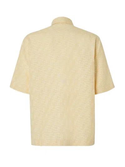 Fendi Men Yellow Shirt With Wide Short Sleeves And All-over Ff Motif In Linen Blend Man In Neutral