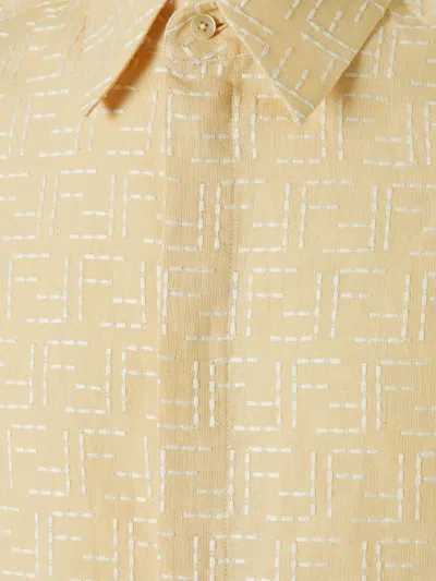 Fendi Men Yellow Shirt With Wide Short Sleeves And All-over Ff Motif In Linen Blend Man In Neutral